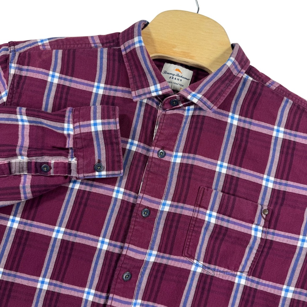 Tommy Bahama‎ Jeans Flannel Shirt Island Crafted Mens XXL Red Plaid  Heavy *Flaw